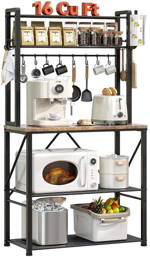 Coffee Bar, Bakers Rack with Storage, 25.6 Inches Microwave Stand, 5 Tier Kitchen Shelves Appliance Storage, 12 S Hooks Large Coffee Station for Spices, Pots and Pans, Rustic Brown Coffee Bar, Bakers Rack with Storage, 25.6 Inches Microwave Stand, 5 Tier Kitchen Shelves Appliance Storage, 12 S Hooks Large Coffee Station for Spices, Pots and Pans, Rustic Brown