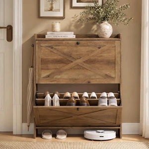 Narrow Shoe Storage Cabinet Organizer with 2 Flip Drawers | Freestanding Shoe Rack, Fits 14 to 16 Pairs, for Entryway, Farmhouse Style, Honey Brown, HAINS Collection UHSC203KB01S Narrow Shoe Storage Cabinet Organizer with 2 Flip Drawers | Freestanding Shoe Rack, Fits 14 to 16 Pairs, for Entryway, Farmhouse Style, Honey Brown, HAINS Collection UHSC203KB01S