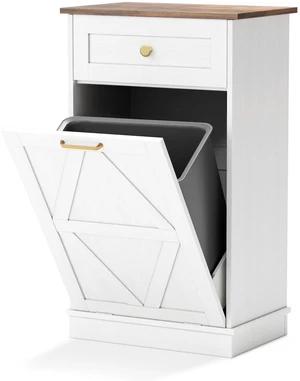10 Gallon Tilt Out Trash Cabinet with Drawer | White and Oak, Hidden Wooden Bin Cabinet for Kitchens and Laundry Rooms, Farmhouse Cabinet for Home Organizers 10 Gallon Tilt Out Trash Cabinet with Drawer | White and Oak, Hidden Wooden Bin Cabinet for Kitchens and Laundry Rooms, Farmhouse Cabinet for Home Organizers