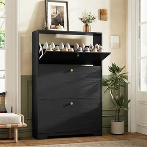 Shoe Cabinet with 3 Flip Drawers, Narrow Shoe Organizer Cabinet, Freestanding Shoe Rack Cabinet, Modern Shoe Storage Cabinet for Entryway, Hallway, Foyer, Black Shoe Cabinet with 3 Flip Drawers, Narrow Shoe Organizer Cabinet, Freestanding Shoe Rack Cabinet, Modern Shoe Storage Cabinet for Entryway, Hallway, Foyer, Black