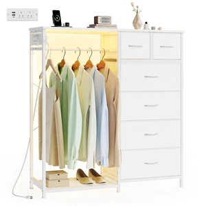 Dresser with Hanging Rod, Closet Organizer with 6 Fabric Drawers | LED Lights & Charging Station, Hanging Rack, Wooden Top & Bottom Shelf, Cloud White, BELLAH Collection ULGS523W101S Dresser with Hanging Rod, Closet Organizer with 6 Fabric Drawers | LED Lights & Charging Station, Hanging Rack, Wooden Top & Bottom Shelf, Cloud White, BELLAH Collection ULGS523W101S