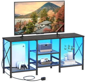 TV Stand with LED Lights for 55 Inch TV, Entertainment Center with 3-Tier Open Shelves, TV Console Table for Living Room, Bedroom, Black TV Stand with LED Lights for 55 Inch TV, Entertainment Center with 3-Tier Open Shelves, TV Console Table for Living Room, Bedroom, Black