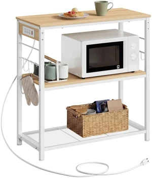 Kitchen Island with Power Strip, 3-Tier, 6 Hooks, Metal Frame | Microwave Oven Stand, Kitchen Shelf, Baker's Rack, 31.5 Inches Width, Goldean Oak and White, DACEY Collection UKKI102YA02S Kitchen Island with Power Strip, 3-Tier, 6 Hooks, Metal Frame | Microwave Oven Stand, Kitchen Shelf, Baker's Rack, 31.5 Inches Width, Goldean Oak and White, DACEY Collection UKKI102YA02S