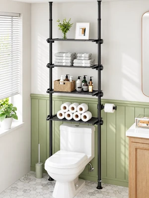 Tension Mount Over The Toilet Storage Shelf, No-Drill, Slim Design | Height & Width Adjustable Shelves for Bathroom Storage, Fits Narrow Toilet Space, 4-Tier, Fits 66-113 in. Ceilings, Metal Tension Mount Over The Toilet Storage Shelf, No-Drill, Slim Design | Height & Width Adjustable Shelves for Bathroom Storage, Fits Narrow Toilet Space, 4-Tier, Fits 66-113 in. Ceilings, Metal