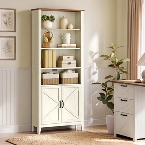 Farmhouse Bookshelf, 6-Tier Bookcase with Doors | Bookshelf For Living Room, Bedroom, Farmhouse Style, Cloud White and Warm Brown, LIRY Collection ULBC134W101S Farmhouse Bookshelf, 6-Tier Bookcase with Doors | Bookshelf For Living Room, Bedroom, Farmhouse Style, Cloud White and Warm Brown, LIRY Collection ULBC134W101S