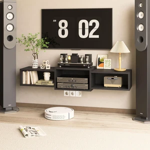 Floating TV Stand Wall Mounted with Power Outlet,Modern Wood Wall Mounted Media Console Shelf,Floating Entertainment Center for Under TV Storage for Living Room Bedroom Office,Black WST001B- Floating TV Stand Wall Mounted with Power Outlet,Modern Wood Wall Mounted Media Console Shelf,Floating Entertainment Center for Under TV Storage for Living Room Bedroom Office,Black WST001B-