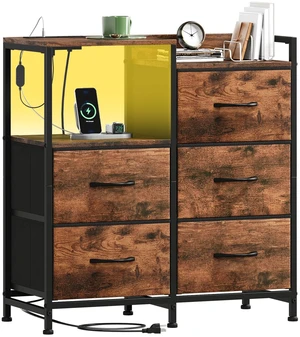 Wide Bedroom Nightstand with 5 Drawers, Charging Station & LED Light | Open-Shelf Dresser with Fabric Bins for Kids Room, Closet, Dorm and Guest Room, Brown Wide Bedroom Nightstand with 5 Drawers, Charging Station & LED Light | Open-Shelf Dresser with Fabric Bins for Kids Room, Closet, Dorm and Guest Room, Brown