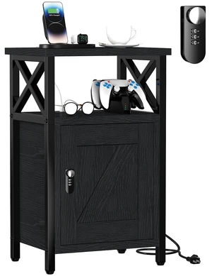 Wooden Nightstand with Lock Cabinet and Charging Station, Black | 1 Type C & 2 USB Ports & 2 Outlets, Lockable Storage Drawer, Wood and Metal Night Stand, Small Bedroom Bedside End Table Wooden Nightstand with Lock Cabinet and Charging Station, Black | 1 Type C & 2 USB Ports & 2 Outlets, Lockable Storage Drawer, Wood and Metal Night Stand, Small Bedroom Bedside End Table