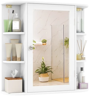 Bathroom Medicine Cabinet with Mirror, Modern Wall Mounted Space-Saving Storage Organizer with Mirrored Door, 4 Internal Shelves & 6 Open Side Shelves, Bathroom Wall Cabinet (White) Bathroom Medicine Cabinet with Mirror, Modern Wall Mounted Space-Saving Storage Organizer with Mirrored Door, 4 Internal Shelves & 6 Open Side Shelves, Bathroom Wall Cabinet (White)