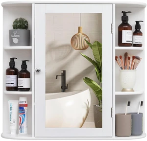 Bathroom Medicine Cabinet with Mirror, Bathroom Wall Cabinet with 2 Adjustable Shelves & 6 Open Shelves, Medicine Cabinet Organizer, Bathroom Cabinet Wall Mounted, White Bathroom Medicine Cabinet with Mirror, Bathroom Wall Cabinet with 2 Adjustable Shelves & 6 Open Shelves, Medicine Cabinet Organizer, Bathroom Cabinet Wall Mounted, White