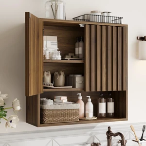 Fluted Bathroom Cabinet Wall Mounted, Wooden Medicine Cabinet with Adjustable Shelf, Walnut Bathroom Cabinet for Bath Room, Living Room, Laundry Room Fluted Bathroom Cabinet Wall Mounted, Wooden Medicine Cabinet with Adjustable Shelf, Walnut Bathroom Cabinet for Bath Room, Living Room, Laundry Room