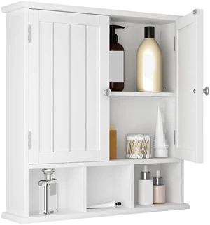 Bathroom Cabinet Wall Mounted 2-Door with 3 Open Shelves, Wooden Medicine Cabinets with Adjustable Shelf, Space Saver Storage Cabinets Over The Toilet for Bathroom&Living Room, White Bathroom Cabinet Wall Mounted 2-Door with 3 Open Shelves, Wooden Medicine Cabinets with Adjustable Shelf, Space Saver Storage Cabinets Over The Toilet for Bathroom&Living Room, White