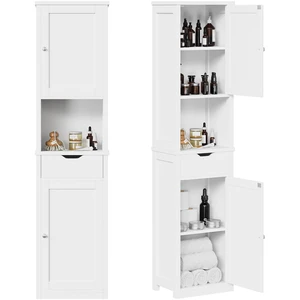Tall Bathroom Storage Cabinet, Narrow Slim Cabinet, White | 64inch Corner Floor Cabinet with Doors and Drawer, Freestanding Bathroom Organizer with Adjustable Shelves for Small Space Tall Bathroom Storage Cabinet, Narrow Slim Cabinet, White | 64inch Corner Floor Cabinet with Doors and Drawer, Freestanding Bathroom Organizer with Adjustable Shelves for Small Space
