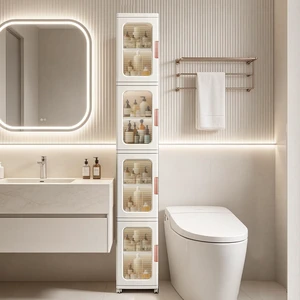 4 Tier Tall Narrow Bathroom Storage Cabinet, Foldable and Movable, White | Slim Cabinet, ABS and PP, Adjustable Shelves, Magnetic Clear Door, Lockable Wheels, Water Resistant, For Narrow Space 4 Tier Tall Narrow Bathroom Storage Cabinet, Foldable and Movable, White | Slim Cabinet, ABS and PP, Adjustable Shelves, Magnetic Clear Door, Lockable Wheels, Water Resistant, For Narrow Space