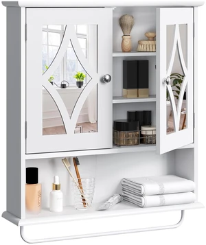 22x25 Bathroom Medicine Cabinet with Mirror, Large Wood Wall Mounted Storage Cabinet with Shelves and Towel Bar, Over The Toilet Storage Cabinet for Bathroom, Laundry, Living Room, White 22x25 Bathroom Medicine Cabinet with Mirror, Large Wood Wall Mounted Storage Cabinet with Shelves and Towel Bar, Over The Toilet Storage Cabinet for Bathroom, Laundry, Living Room, White