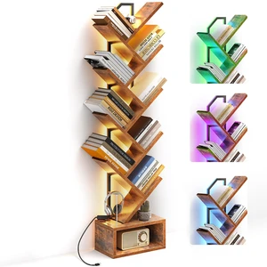 Tree Bookshelf with LED Lights, 8-Tier Small Bookshelf, Vintage | Narrow Bookcase for Small Spaces, Steel & Wood Storage Shelf with Cabinet, Home Organizer for Living Room, Bedroom, Office Tree Bookshelf with LED Lights, 8-Tier Small Bookshelf, Vintage | Narrow Bookcase for Small Spaces, Steel & Wood Storage Shelf with Cabinet, Home Organizer for Living Room, Bedroom, Office