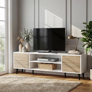 Mid-Century Modern TV Stand, 58 Inch, White and Beige | For 55-65 Inch TVs; entertainment center with push-to-open doors, cable management, and storage for living rooms and bedrooms Mid-Century Modern TV Stand, 58 Inch, White and Beige | For 55-65 Inch TVs; entertainment center with push-to-open doors, cable management, and storage for living rooms and bedrooms