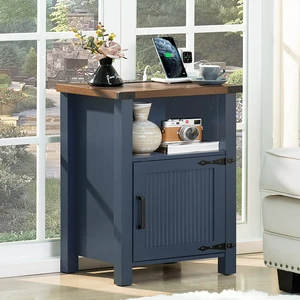 18-Inch Nightstand with Charging Station and Fluted Door,Navy Blue | 18-inch bedside table with AC and USB charging, open storage and a magnetic fluted door for bedroom essentials 18-Inch Nightstand with Charging Station and Fluted Door,Navy Blue | 18-inch bedside table with AC and USB charging, open storage and a magnetic fluted door for bedroom essentials