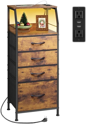 4 Drawer Dresser for Bedroom, 37" H Nightstand with Charging Station and Led Light, Tall Night Stand Bed Side Table, End Table with USB Ports and Outlets, Fabric Bins, Wood Shelf, Rustic Brown 4 Drawer Dresser for Bedroom, 37" H Nightstand with Charging Station and Led Light, Tall Night Stand Bed Side Table, End Table with USB Ports and Outlets, Fabric Bins, Wood Shelf, Rustic Brown