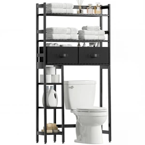 Over-The-Toilet Storage Rack, 6-Tier Bamboo Large Bathroom Organizer with Side Shelves and 2 Drawers, Stable Freestanding Space Saver for Bathroom, Laundry Room(Black) Over-The-Toilet Storage Rack, 6-Tier Bamboo Large Bathroom Organizer with Side Shelves and 2 Drawers, Stable Freestanding Space Saver for Bathroom, Laundry Room(Black)