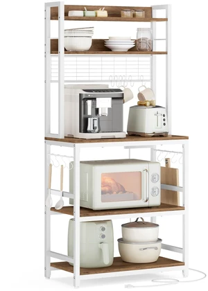 Bakers Rack with Power Outlet, 23.6 Inches Microwave Stand | Kitchen Storage Shelf, Metal Wire Panel, 23.6 x 15.7 x 66.9 Inches, Rustic Walnut and White, BARNET Collection UKKS037W41 Bakers Rack with Power Outlet, 23.6 Inches Microwave Stand | Kitchen Storage Shelf, Metal Wire Panel, 23.6 x 15.7 x 66.9 Inches, Rustic Walnut and White, BARNET Collection UKKS037W41