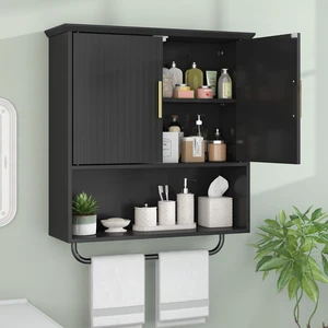 Wall Mounted Cabinet with Towel Bar & Shelves for Kitchen Bathroom | Black Space Saving Wood Bathroom Wall Cabinet 2 Doors for Laundry, Kitchen, Living Room Wall Mounted Cabinet with Towel Bar & Shelves for Kitchen Bathroom | Black Space Saving Wood Bathroom Wall Cabinet 2 Doors for Laundry, Kitchen, Living Room