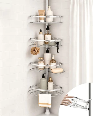 Rustproof Corner Shower Caddy Tension Pole for Bathroom Organizers | Adjust Shelves in Seconds, Stainless Steel Baskets & Rods, 4-Tier Storage Shelves for Shampoo Holders, Fits 34116 in, Silver Rustproof Corner Shower Caddy Tension Pole for Bathroom Organizers | Adjust Shelves in Seconds, Stainless Steel Baskets & Rods, 4-Tier Storage Shelves for Shampoo Holders, Fits 34116 in, Silver