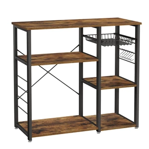 Kitchen Bakers Rack, Steel Frame, Wire Basket, 6 Hooks | Coffee Bar, Microwave Oven Stand, for Mini Oven, Modern Basic, Rustic Brown and Matte Black, BARNET Collection UKKS90X Kitchen Bakers Rack, Steel Frame, Wire Basket, 6 Hooks | Coffee Bar, Microwave Oven Stand, for Mini Oven, Modern Basic, Rustic Brown and Matte Black, BARNET Collection UKKS90X