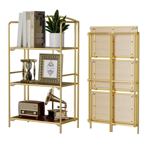3-Tier Foldable Bookshelf, Gold Frame & Walnut Shelves | No-Assembly Collapsible Portable Storage Organizer; Sturdy Walnut Finish Shelves; Ideal for Living Room & Home Office 3-Tier Foldable Bookshelf, Gold Frame & Walnut Shelves | No-Assembly Collapsible Portable Storage Organizer; Sturdy Walnut Finish Shelves; Ideal for Living Room & Home Office