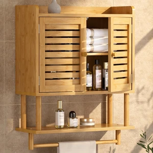 Bathroom Wall Cabinets, Large Bamboo Medicine Cabinets with Towel Bar, Hanging Over Toilet Storage Organizer Cabinet with Adjustable Shelves for Small Spaces, 8.3x21.3x26.6 Inches Bathroom Wall Cabinets, Large Bamboo Medicine Cabinets with Towel Bar, Hanging Over Toilet Storage Organizer Cabinet with Adjustable Shelves for Small Spaces, 8.3x21.3x26.6 Inches