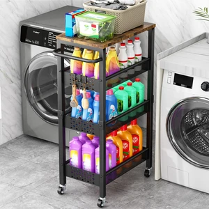 4-Tier Laundry Utility Rolling Cart with Wheels, Metal | Narrow 8.1" wide, lockable wheels, wood top panel, metal frame, for laundry room, small spaces, pantry, tight gaps, Black 4-Tier Laundry Utility Rolling Cart with Wheels, Metal | Narrow 8.1" wide, lockable wheels, wood top panel, metal frame, for laundry room, small spaces, pantry, tight gaps, Black