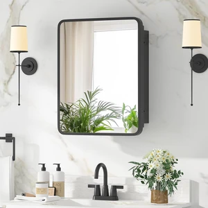 Medicine Cabinet with Mirror, 14x18 Inch Black Bathroom Mirrored Cabinet, Metal Framed Wall Cabinet with Beveled Mirror, Modern Surface Mount or Recessed Medicine Cabinet with Storage Medicine Cabinet with Mirror, 14x18 Inch Black Bathroom Mirrored Cabinet, Metal Framed Wall Cabinet with Beveled Mirror, Modern Surface Mount or Recessed Medicine Cabinet with Storage
