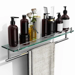 24-Inch Towel Rack with Shelves Tempered Glass Bathroom Shelves with Bar - Chrome Polished Modern Stainless Steel, Wall Mount Rustproof Tower Rail 24-Inch Towel Rack with Shelves Tempered Glass Bathroom Shelves with Bar - Chrome Polished Modern Stainless Steel, Wall Mount Rustproof Tower Rail