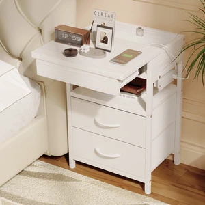 Nightstand with Lockable Hidden Compartment, 2 Drawers, White | Sliding Top Storage, Charging Station, 2 AC Outlets, 2 USB Ports, a USB-C Port, Fabric Drawers, Bedroom, Dorm, Living Room Nightstand with Lockable Hidden Compartment, 2 Drawers, White | Sliding Top Storage, Charging Station, 2 AC Outlets, 2 USB Ports, a USB-C Port, Fabric Drawers, Bedroom, Dorm, Living Room