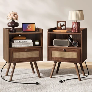 Nightstands Set of 2, Night Stands with Charging Station | Bed Side Tables with PE Rattan Decor Drawer & Solid Wood Feet, End Table, for Bedroom, Living Room, Dark Walnut Nightstands Set of 2, Night Stands with Charging Station | Bed Side Tables with PE Rattan Decor Drawer & Solid Wood Feet, End Table, for Bedroom, Living Room, Dark Walnut