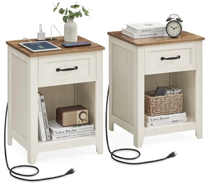 Farmhouse Nightstands with Charging Station, 1 Drawer, Set of 2 | Bedside Table, Side Table with Open Compartment, for Bedroom, Rustic White and Honey Brown, LIRY Collection ULET859K41 Farmhouse Nightstands with Charging Station, 1 Drawer, Set of 2 | Bedside Table, Side Table with Open Compartment, for Bedroom, Rustic White and Honey Brown, LIRY Collection ULET859K41