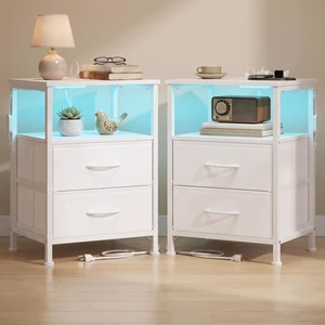 Nightstand with Charging Station, 2 Fabric Drawers | Set of 2 Bed Side Table, App-Controlled Adjustable LED Lights, Modern, Cloud White, BELLAH Collection ULGS202W101S Nightstand with Charging Station, 2 Fabric Drawers | Set of 2 Bed Side Table, App-Controlled Adjustable LED Lights, Modern, Cloud White, BELLAH Collection ULGS202W101S