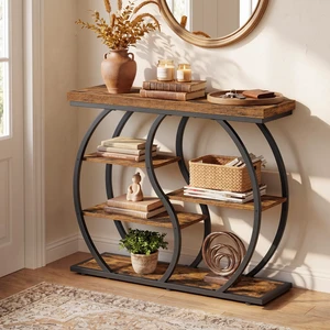 39.4 Inchs Entryway Table, 5-Tier Console Table, Narrow Sofa Table | Geometric Entryway Shelf, Curved Metal Frame, for Entryway, Hallway, Living Room, Rustic Brown and Matte Black, ULNT158K101 39.4 Inchs Entryway Table, 5-Tier Console Table, Narrow Sofa Table | Geometric Entryway Shelf, Curved Metal Frame, for Entryway, Hallway, Living Room, Rustic Brown and Matte Black, ULNT158K101