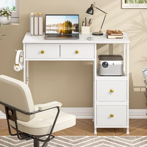 Small Computer Desk with 4 Fabric Drawers, Simple Writing Desk for Home Office, Compact Study Desks for Small Spaces, Kids Desk Study for Bedroom, White Small Computer Desk with 4 Fabric Drawers, Simple Writing Desk for Home Office, Compact Study Desks for Small Spaces, Kids Desk Study for Bedroom, White