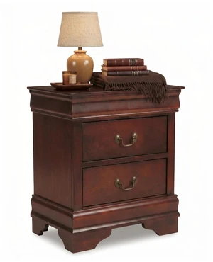 Alisdair 2 Drawer Nightstand, Reddish Brown | 21.63 in wide, Louis Philippe-style moulding, Metal slides beneath drawers, Antiqued bronze-tone pulls, Master bedroom use Alisdair 2 Drawer Nightstand, Reddish Brown | 21.63 in wide, Louis Philippe-style moulding, Metal slides beneath drawers, Antiqued bronze-tone pulls, Master bedroom use