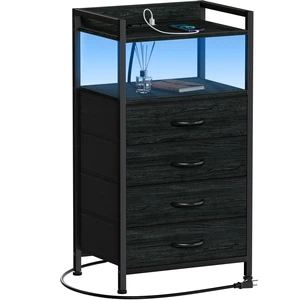 Night Stand with Charging Station,LED,Tall Bedside Table for Dorm | 4 Drawer Dresser for bedroom, with LED light & Remote Control, Fabric Bins and Metal Frame,Wood Desk Top,Easy Assemble,Black Night Stand with Charging Station,LED,Tall Bedside Table for Dorm | 4 Drawer Dresser for bedroom, with LED light & Remote Control, Fabric Bins and Metal Frame,Wood Desk Top,Easy Assemble,Black
