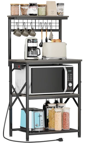 Kitchen Bakers Rack with Power Outlet, 22-Inch Microwave Stand | Coffee Bar Table with 6 S Hooks, Microwave Cart with 4-Tier Storage, Kitchen Storage Shelf for Spices, Pots, Black Oak Kitchen Bakers Rack with Power Outlet, 22-Inch Microwave Stand | Coffee Bar Table with 6 S Hooks, Microwave Cart with 4-Tier Storage, Kitchen Storage Shelf for Spices, Pots, Black Oak