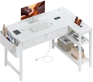 Small White 40 Inch L Shaped Corner Desk with Drawers & Storage Shelves | Power Outlet, For Small Space Home Office, Study Work PC Desks for Bedroom Small White 40 Inch L Shaped Corner Desk with Drawers & Storage Shelves | Power Outlet, For Small Space Home Office, Study Work PC Desks for Bedroom