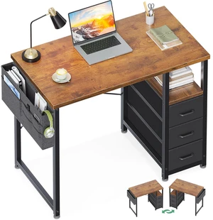 32 Inch Small Computer Desk with Fabric Drawers, Vintage | Mini Desk with Storage Shelf & Bag, Kids Study Desk for Bedroom, Home Office Desk for Small Space