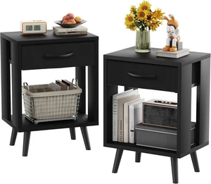 24" H Nightstands Set of 2 with Fabric Drawer, Black | Open Wood Shelf, Bedside Storage, End Table, Bedroom, Sofa Side, Spacious 15.7"L x 11.8"W x 24"H Top Fits Lamp, Books 24" H Nightstands Set of 2 with Fabric Drawer, Black | Open Wood Shelf, Bedside Storage, End Table, Bedroom, Sofa Side, Spacious 15.7"L x 11.8"W x 24"H Top Fits Lamp, Books