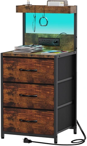 LED Night Stand, Nightstand with Charging Station 3 Fabric Drawers | Night Stand with Storage Shelf and Hooks, Tall End Bed Side Table for Bedroom, Rustic Brown LED Night Stand, Nightstand with Charging Station 3 Fabric Drawers | Night Stand with Storage Shelf and Hooks, Tall End Bed Side Table for Bedroom, Rustic Brown
