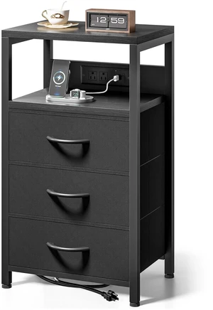Night stand with Charger Station, 3 Fabric Drawers, Black | Nightstand, Bedside Table, Open Shelf, Built in USB-A, USB-C Port & AC Outlets, For Bedroom, Dorm Night stand with Charger Station, 3 Fabric Drawers, Black | Nightstand, Bedside Table, Open Shelf, Built in USB-A, USB-C Port & AC Outlets, For Bedroom, Dorm