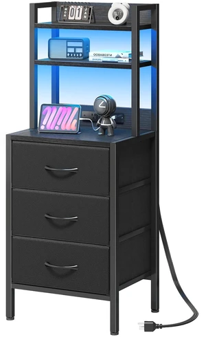 41 Inch Tall Nightstand with Charging Station for Dorm, Black | 3-tier open bookshelf, built-in 2 AC outlets & 2 USB ports, 3 fabric drawers, night stand for bedroom office with LED lights 41 Inch Tall Nightstand with Charging Station for Dorm, Black | 3-tier open bookshelf, built-in 2 AC outlets & 2 USB ports, 3 fabric drawers, night stand for bedroom office with LED lights