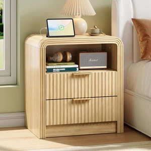 Fluted Nightstand with Charging Station, 2 Drawers, Oak | 19.7'' Wide Morden End Table with USB/Type-C Ports, Curved Profile Design, Open Shelf, Wood Bedside Table for Bedroom Fluted Nightstand with Charging Station, 2 Drawers, Oak | 19.7'' Wide Morden End Table with USB/Type-C Ports, Curved Profile Design, Open Shelf, Wood Bedside Table for Bedroom