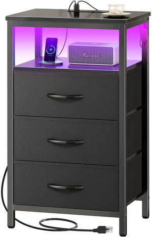 Night Stand with Charger Station and LED Lights, 3 Drawer Nightstand | Bed Side Table with Open ShelfEnd TableTall Fabric Dresser for Bedroom, Black Night Stand with Charger Station and LED Lights, 3 Drawer Nightstand | Bed Side Table with Open ShelfEnd TableTall Fabric Dresser for Bedroom, Black